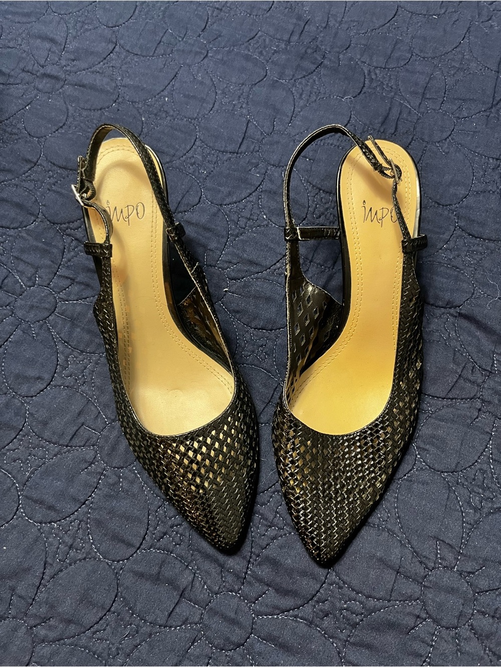 Impo Black Woven Pointed Slingback Pumps